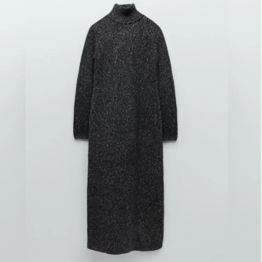 Zara Knit Chunky Rib Mock Neck Long Sleeve Sweater Dress Charcoal Gray Speckle S